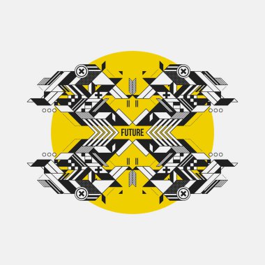 Soyut simetrik tasarım öğesinde sarı daire. Fütüristik tasarımı, baskı ve posterler için yararlı.