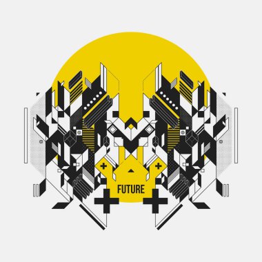 Soyut simetrik tasarım öğesinde sarı daire. Fütüristik tasarımı, baskı ve posterler için yararlı.