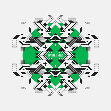 Soyut simetrik tasarım öğesinde yeşil daire. Fütüristik tasarımı, baskı ve posterler için yararlı.