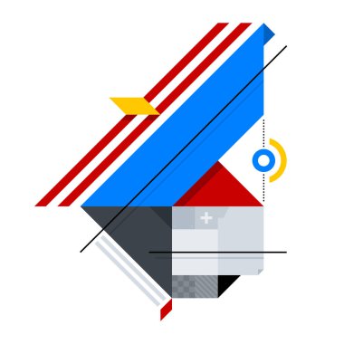 Basit şekiller soyut geometrik bileşimi. Soyut sanat, Süprematizm, Yapısalcılık stili. Beyaz bir arka planda, parmak izi, posterler ve kapakları için uygun tasarım öğesi izole.