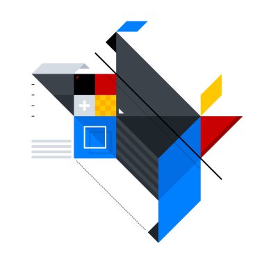 Basit şekiller soyut geometrik bileşimi. Soyut sanat, Süprematizm, Yapısalcılık stili. Beyaz bir arka planda, parmak izi, posterler ve kapakları için uygun tasarım öğesi izole.