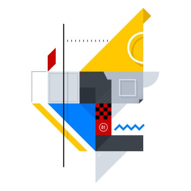 Basit şekiller soyut geometrik bileşimi. Soyut sanat, Süprematizm, Yapısalcılık stili. Beyaz bir arka planda, parmak izi, posterler ve kapakları için uygun tasarım öğesi izole.