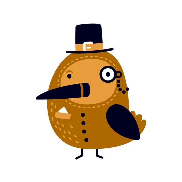 Illustration d'oiseau gentleman mignon avec chapeau haut de forme et monocle . — Image vectorielle