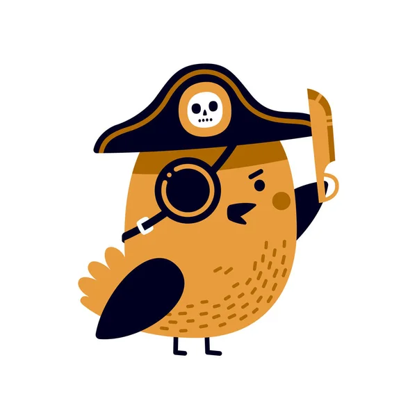Illustration of adorable pirate bird with captain's hat, eye patch and sharp blade. — Stock Vector