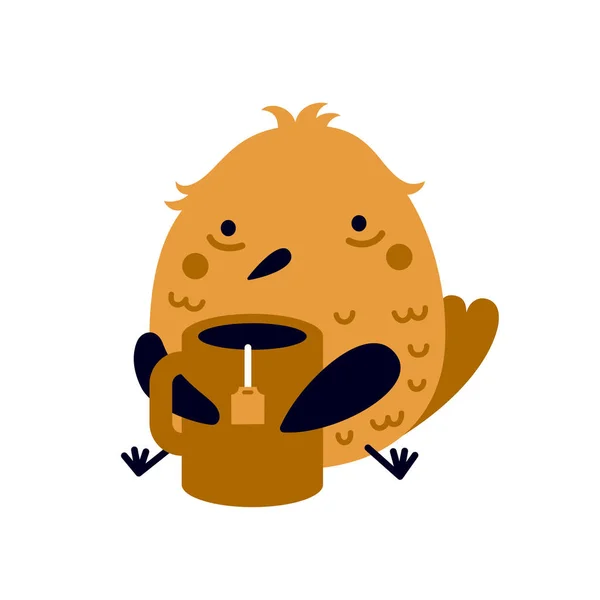 Ilustração de pássaro cansado ou doente engraçado com grande xícara de chá . — Vetor de Stock