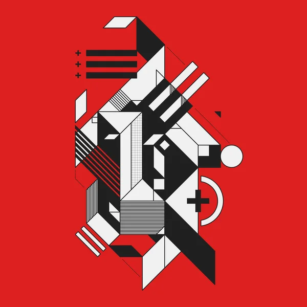 Elemento geométrico abstrato sobre fundo vermelho. Estilo de futurismo e construtivismo. Útil como estampas ou cartazes . —  Vetores de Stock