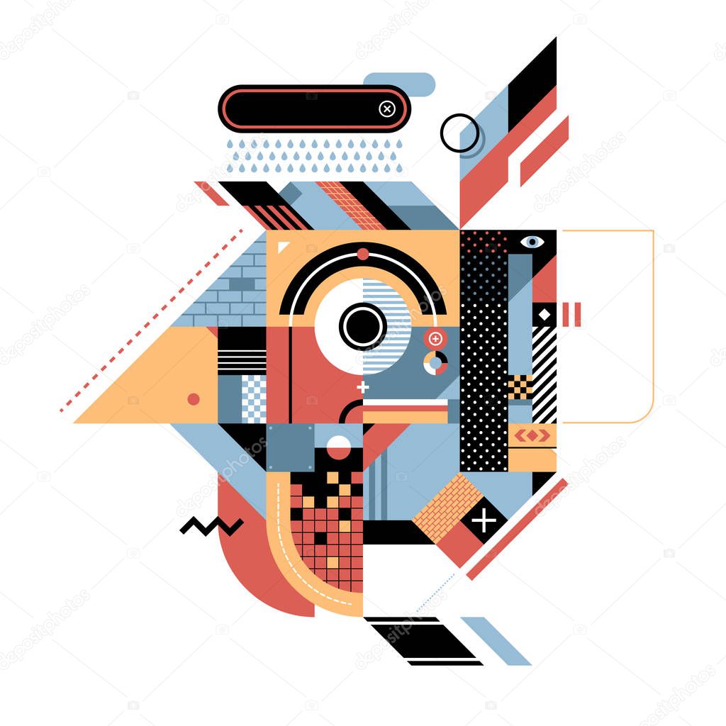 Geometric illustration with rooster's head. Style of abstract art, constructivism and modern graffiti. Useful for prints and covers, design element is isolated on white background.