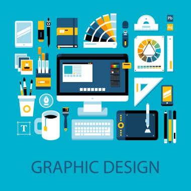 Düz renkli resimde grafik tasarım ve sanat hakkında. Büyük set simgeleri ve grafik öğeleri.