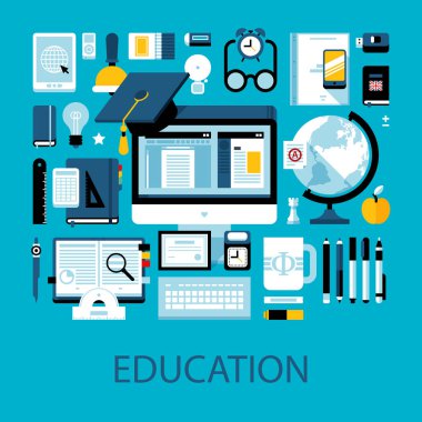Düz renkli resimde hakkında eğitim, eğitim ve bilim. Büyük set simgeleri ve grafik öğeleri.