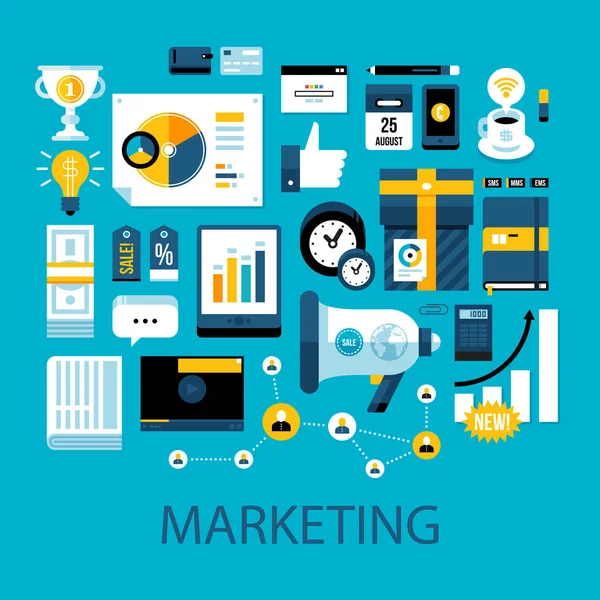 Plat kleurrijke illustratie over marketing en reclame. Grote reeks van pictogrammen en grafische elementen. — Stockvector