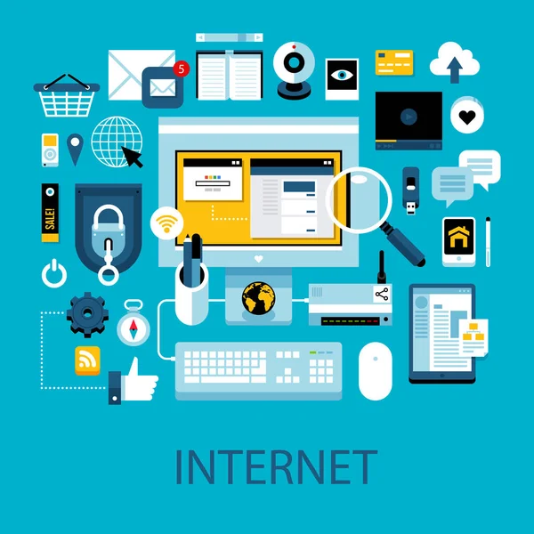 Platt färgglada illustration om internet och web-teknik. Stor uppsättning ikoner och grafiska element. — Stock vektor