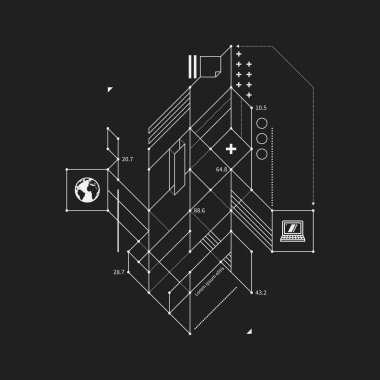 Soyut tasarım öğesi taslak tarzı siyah arka plan üzerine. Techno baskılar ve posterler için yararlı.