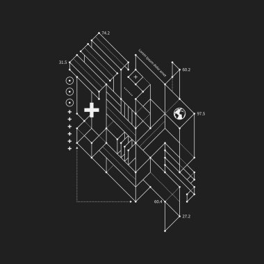 Soyut tasarım öğesi taslak tarzı siyah arka plan üzerine. Techno baskılar ve posterler için yararlı.