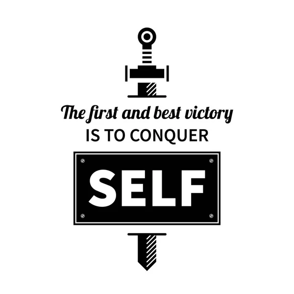 Cartaz tipográfico com aforismo "A primeira e melhor vitória é conquistar a si mesmo". Letras pretas sobre fundo branco . — Vetor de Stock