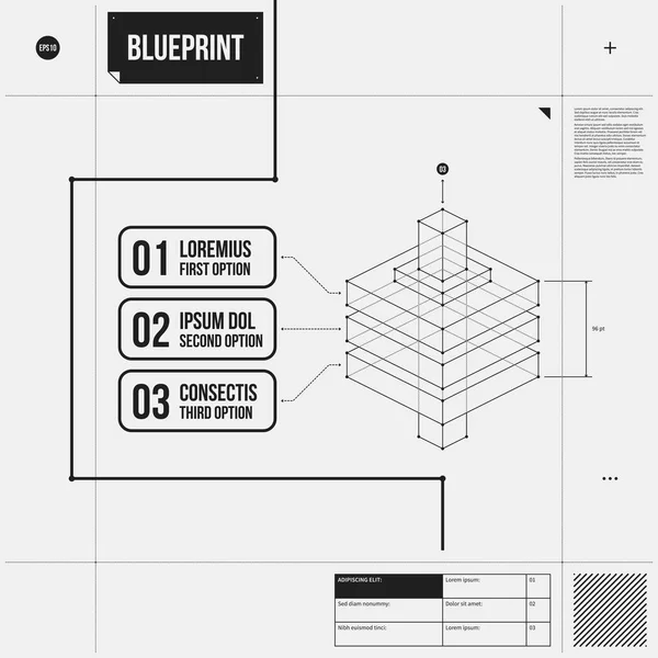 Modèle de mise en page abstrait dans un style brouillon avec trois options numérotées et un objet isométrique. PSE10 — Image vectorielle