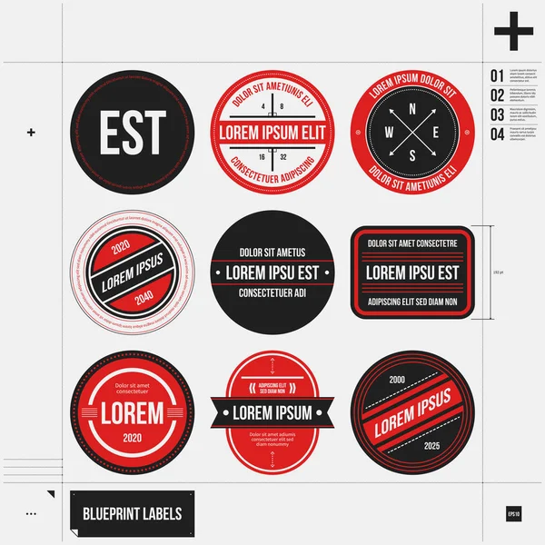 Set di nove etichette e distintivi in stile bozza. EPS10 — Vettoriale Stock