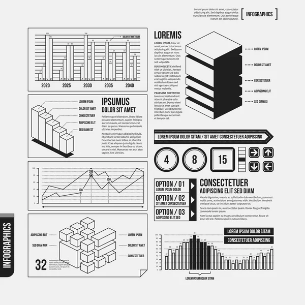 Grote set van infographics elementen in zwarte en witte kleuren. Monochroom ontwerp. Minimalistische stijl. — Stockvector