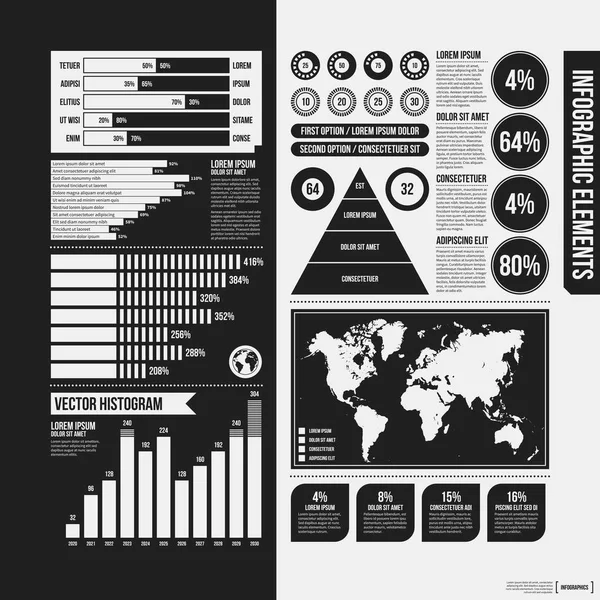 Grote set van infographics elementen in zwarte en witte kleuren. Monochroom ontwerp. Minimalistische stijl. — Stockvector