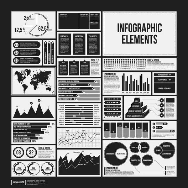 Grand ensemble d'éléments d'infographie en couleurs noir et blanc. Design monochrome. Style minimaliste . — Image vectorielle