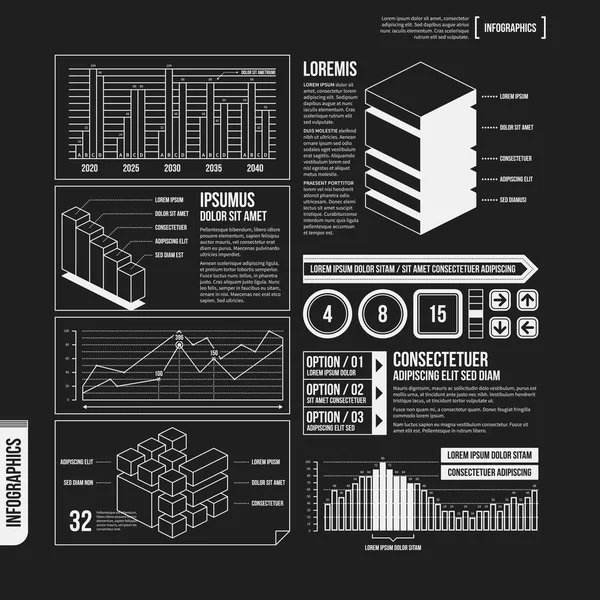 Grote set van infographics elementen in zwarte en witte kleuren. Monochroom ontwerp. Minimalistische stijl. — Stockvector