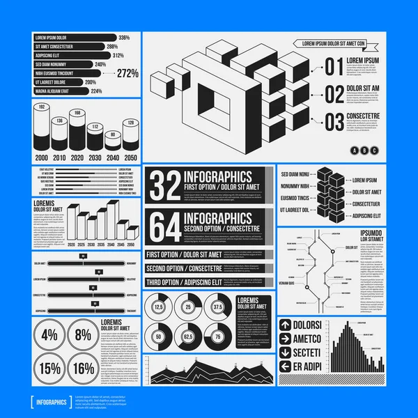 Grote set van infographics elementen in zwarte en witte kleuren op blauwe achtergrond. Monochroom ontwerp. Minimalistische stijl. — Stockvector
