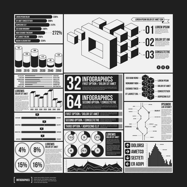 Grote set van infographics elementen in zwarte en witte kleuren. Monochroom ontwerp. Minimalistische stijl. — Stockvector