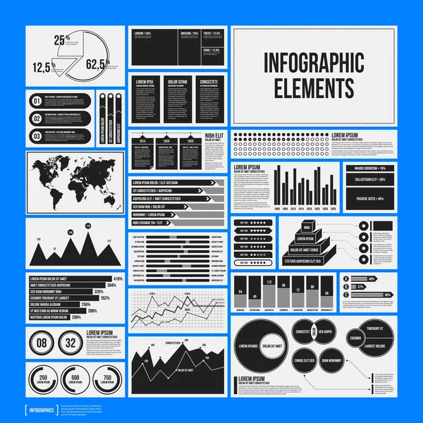 Big set of infographics elements in black and white colors on blue background. Monochrome design. Minimalistic style. — Stock Vector