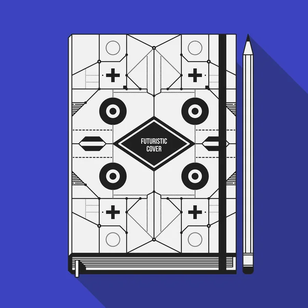 Kitap kapak tasarımı şablonu. Defter mockup. Geometrik fütüristik öğeleri. — Stok Vektör