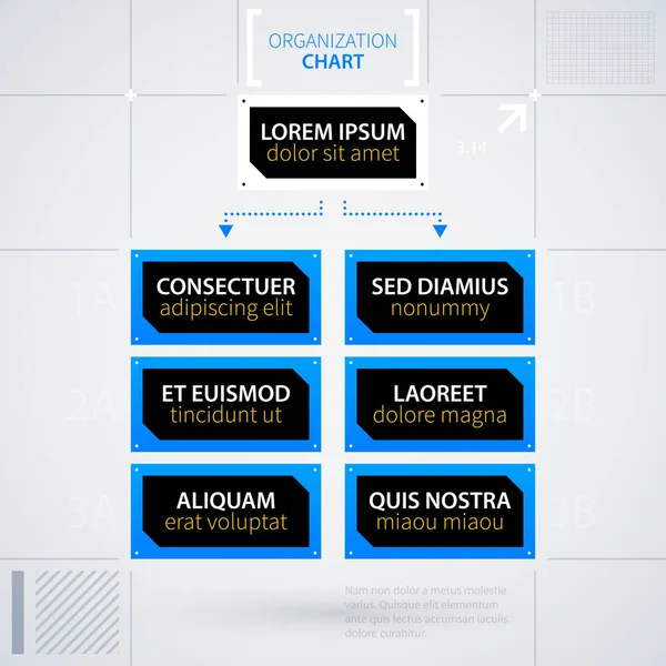 Moderno modello di organigramma con elementi rettangolari. Futuristico stile tecno business. Utile per relazioni annuali, presentazioni e pubblicità . Illustrazione Stock