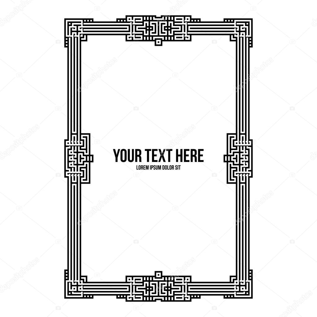 Art deco vertical frame with native american elements on white background. Monochrome colors. Useful for invitations, postcards and covers.