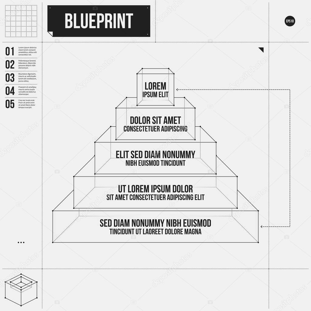 Pyramid chart template with five stages in draft style. EPS10