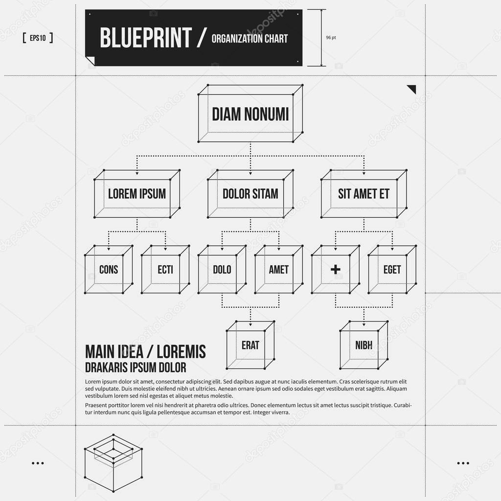 Organization chart template with rectangle elements in draft style. EPS10