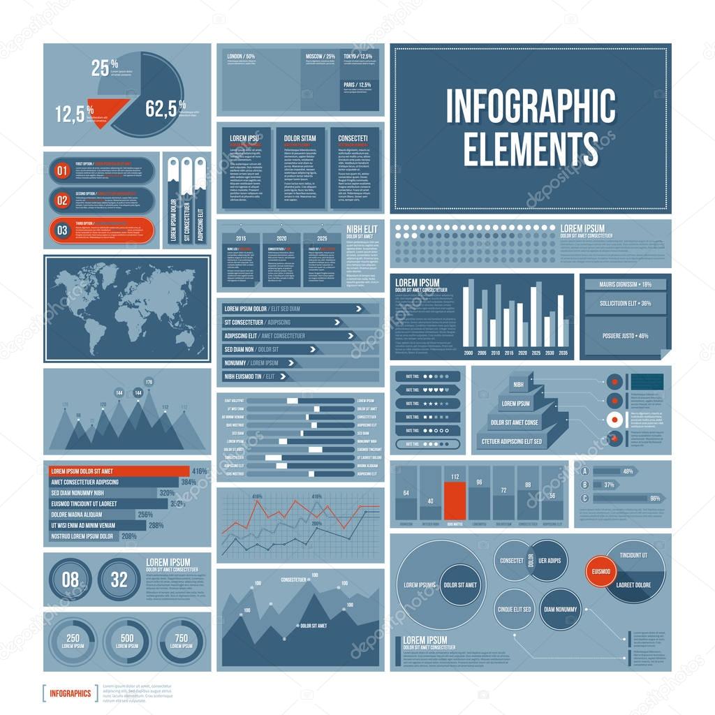 Modern report template with big set of infographics elements.