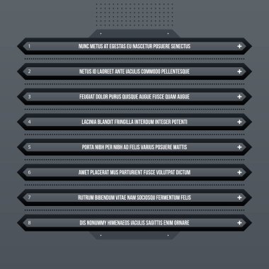 Gri arka plan üzerinde fütüristik kurumsal menü/liste şablonu. Yararlı sunumlar, reklam veya web tasarım.