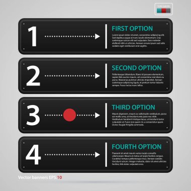 Üç siyah yatay Banner/seçenekler büyük numaraları ile modern web tasarım şablonu. Sıkı kurumsal iş tarzı. Yıllık raporlar, sunumlar ve medya için yararlı.