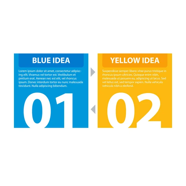 他の 2 つのアイデアの循環の関係を表示する 1 つから矢印の青と黄色の正方形の旗. — ストックベクタ