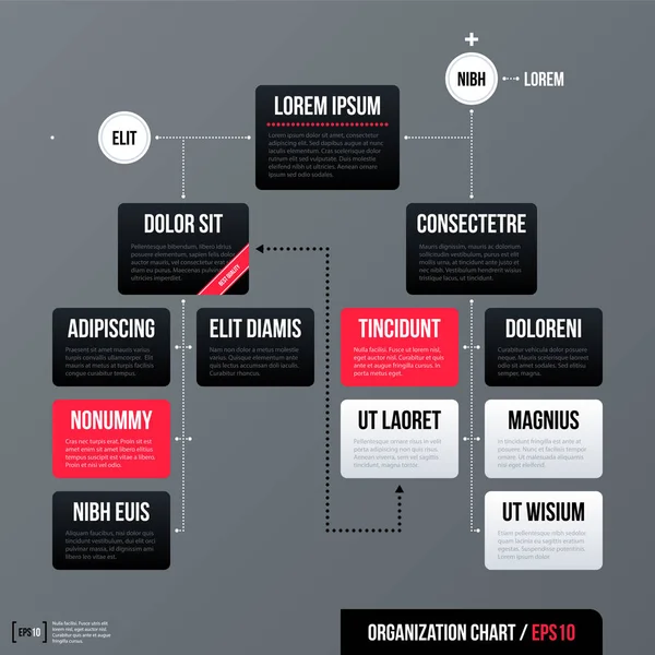 De moderne zakenwereld organigramsjabloon met zwarte, rode en witte rechthoeken op grijze achtergrond. Neutrale huisstijl. — Stockvector