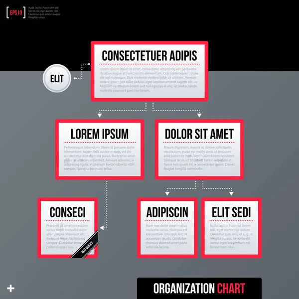 Plantilla moderna de organigrama empresarial, rectángulos blancos con bordes rojos sobre fondo gris. Estilo corporativo neutro . — Archivo Imágenes Vectoriales