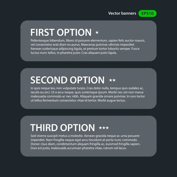 Plantilla de diseño moderno con tres opciones en estilo plano sobre fondo gris oscuro. Útil para presentaciones corporativas y publicidad . — Archivo Imágenes Vectoriales