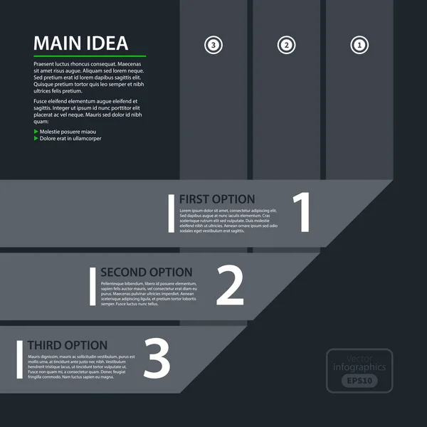 Moderní design šablony s třemi pruhy číslované papíru v ploché styl na tmavě šedém pozadí. Vhodné pro firemní prezentace a reklama. — Stockový vektor