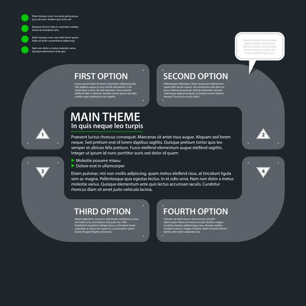 Современный дизайн шаблон с четырьмя вариантами в плоском стиле на темно-сером фоне. Полезно для корпоративных презентаций и рекламы . — стоковый вектор