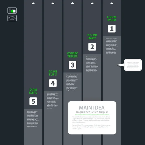 Modelo de gráfico de design moderno com cinco opções em estilo plano no fundo cinza escuro. Útil para apresentações corporativas e publicidade . — Vetor de Stock