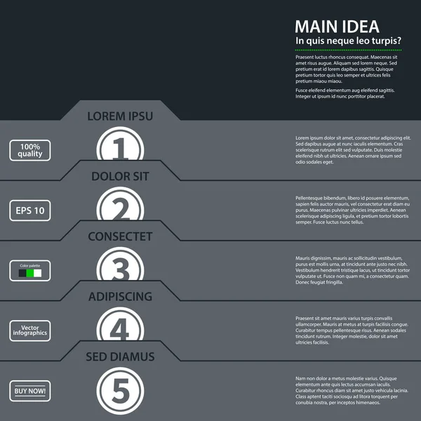 暗い灰色の背景でフラット スタイルの 5 つのオプションを持つモダンなデザイン テンプレート。企業のプレゼンテーションや広告のために便利. — ストックベクタ