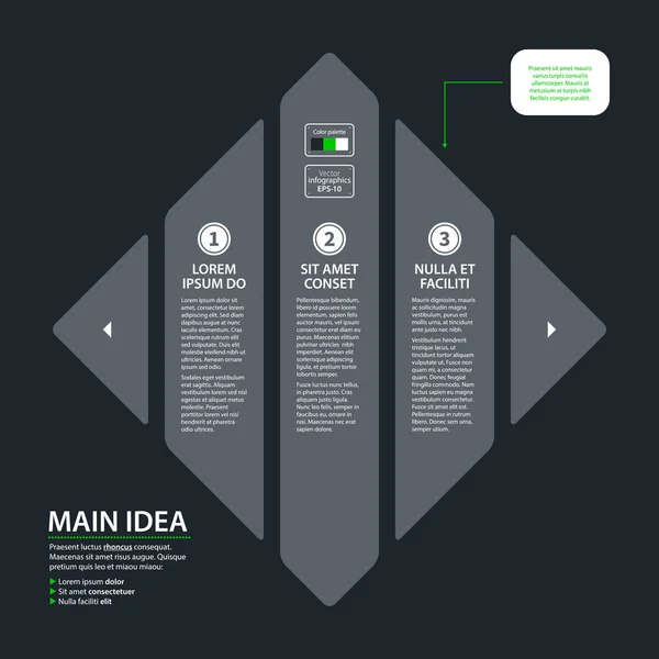 Plantilla de diseño moderno con rombo de tres opciones en estilo plano sobre fondo gris oscuro. Útil para presentaciones corporativas y publicidad . — Vector de stock