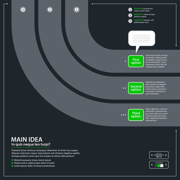 Plantilla de diseño moderno con tres rayas redondas y opciones en estilo plano sobre fondo gris oscuro. Útil para presentaciones corporativas y publicidad . — Vector de stock