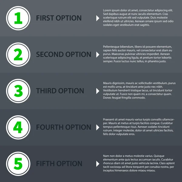 Moderna formgivningsmall med lutning av fem alternativ i platt stil på mörkgrå bakgrund. Användbar för företagspresentationer och reklam. — Stock vektor