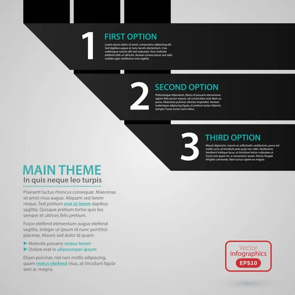 Moderne web-ontwerpsjabloon met drie zwart papier strepen en opties. Strikte zakelijke stijl. Handig voor jaarverslagen, presentaties en media. — Stockvector