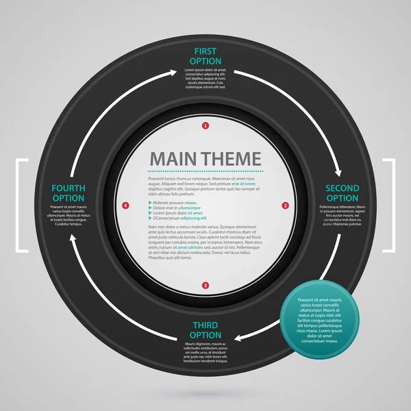 Modello di web design moderno con cerchio nero e quattro opzioni. Stretto stile aziendale. Utile per relazioni annuali, presentazioni e media . — Vettoriale Stock