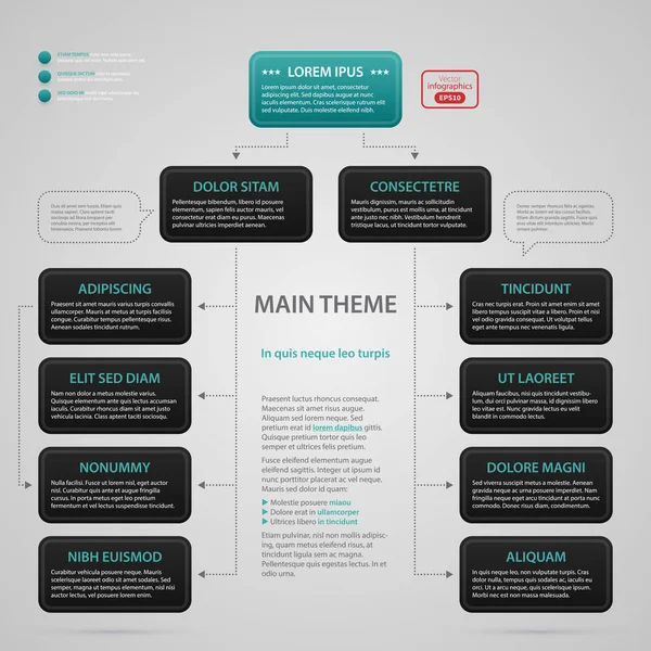 Moderne web-ontwerpsjabloon met ingewikkeld organigram maakt. Strikte zakelijke stijl. Handig voor jaarverslagen, presentaties en media. — Stockvector