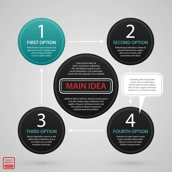 Plantilla de ciclo de diseño web moderno con cuatro pasos redondos. Estricto estilo de negocio corporativo. Útil para informes anuales, presentaciones y medios de comunicación . — Archivo Imágenes Vectoriales